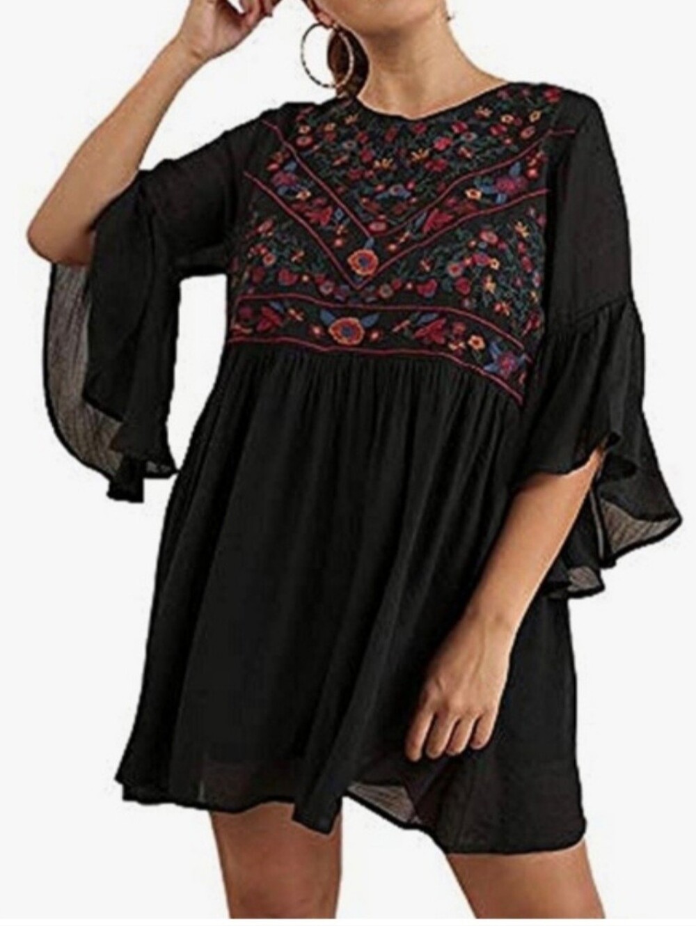 Discount. Umgee Black Embroidered Trumpet Sleeve Rayon Blend Dress